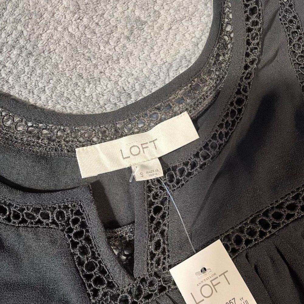 LOFT Small Charcoal Gray Ruffle Sleeve Lace Trim Blouse Business Office NEW - Picture 5 of 9